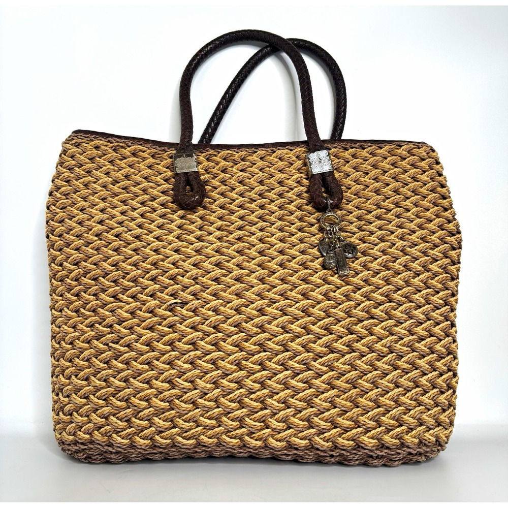 Brighton Woven Straw Tote Bag Leather Handles Silver Charm Floral Lined Cruise
